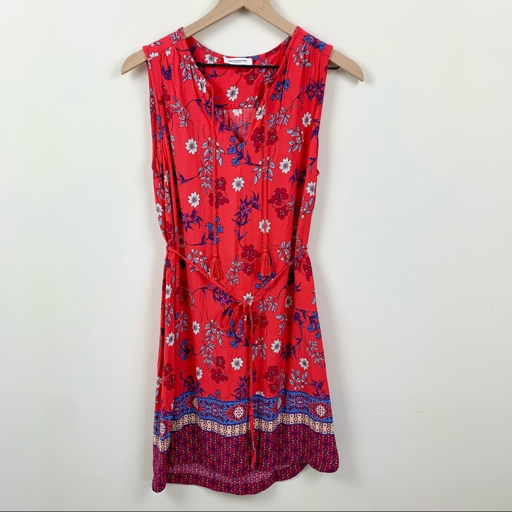 beachlunchlounge Red Floral Tie Waist Cotton Dress, S